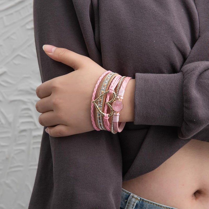 Rantanto Braid Leather Wrap Bracelet Trendy Stackable Crystal Cuff Boho Gold Heart Bracelet Jewelry Gift For Women - Image 4